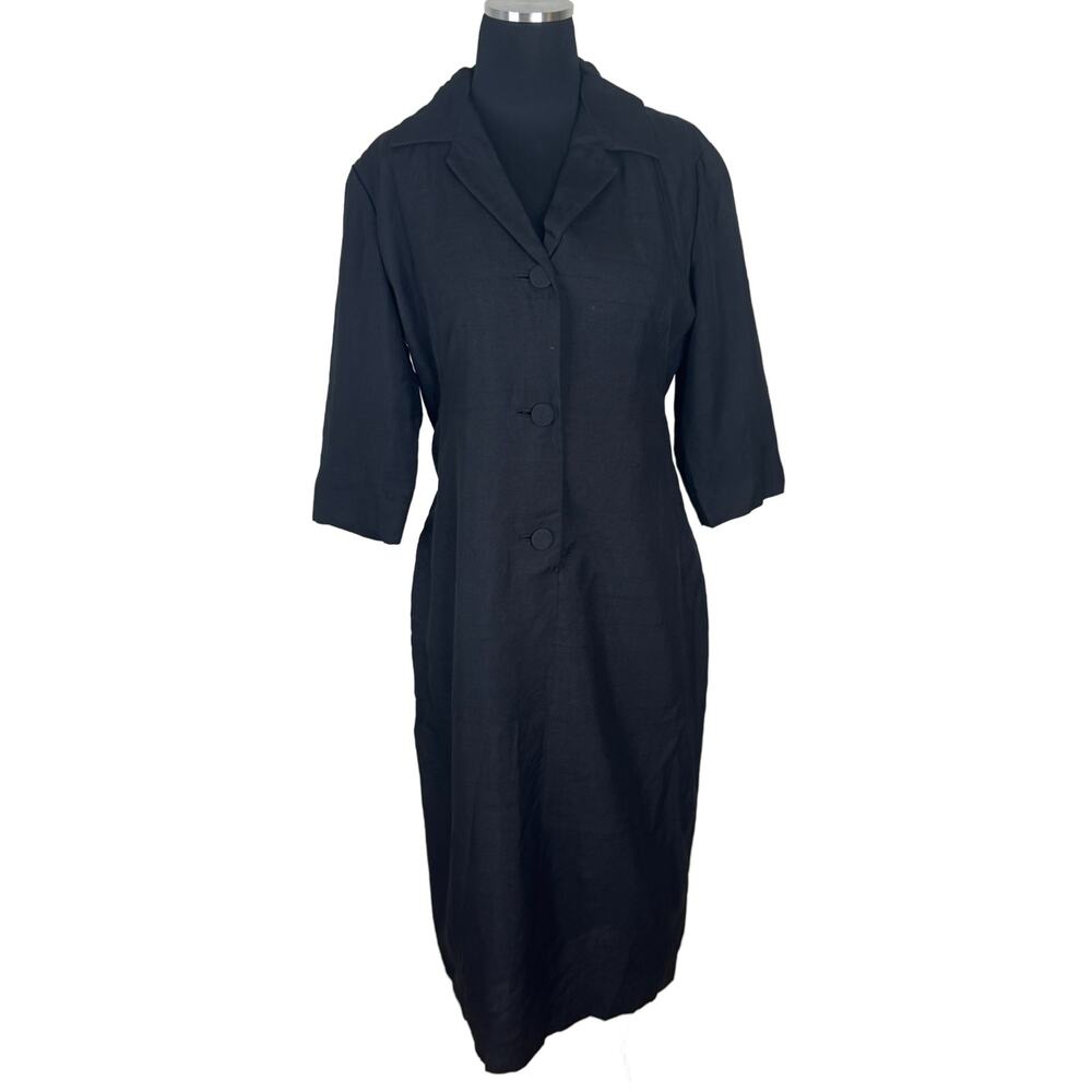 Vintage 1950s Ann Murray Black Slubbed Rayon Sheath Dress  Mid-Century Tailored